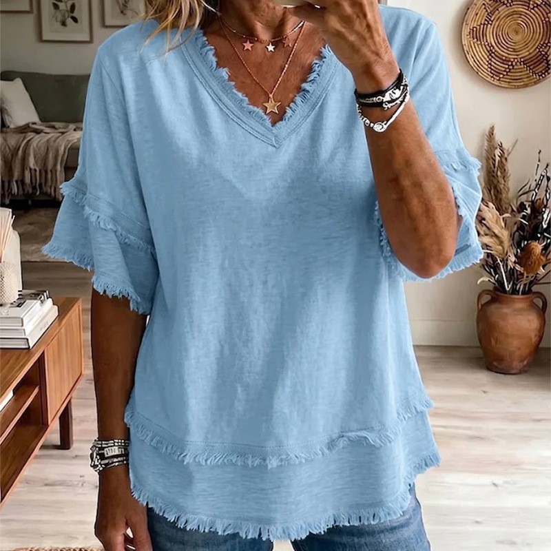 Women's Loose V-Neck Fringe Short-Sleeve Solid Casual Top