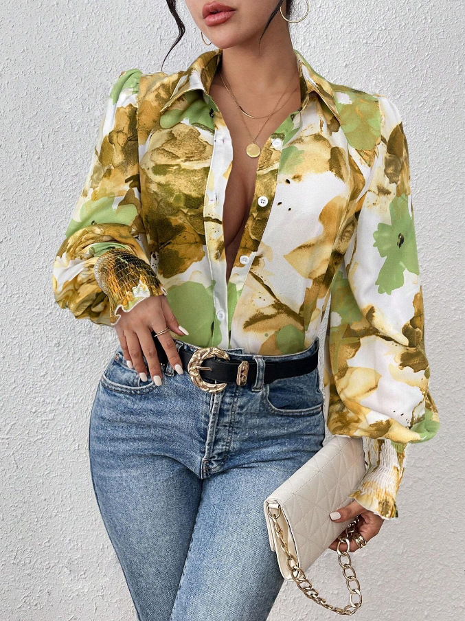 Women's Floral Print Satin Blouse with Collar and Puff Sleeves