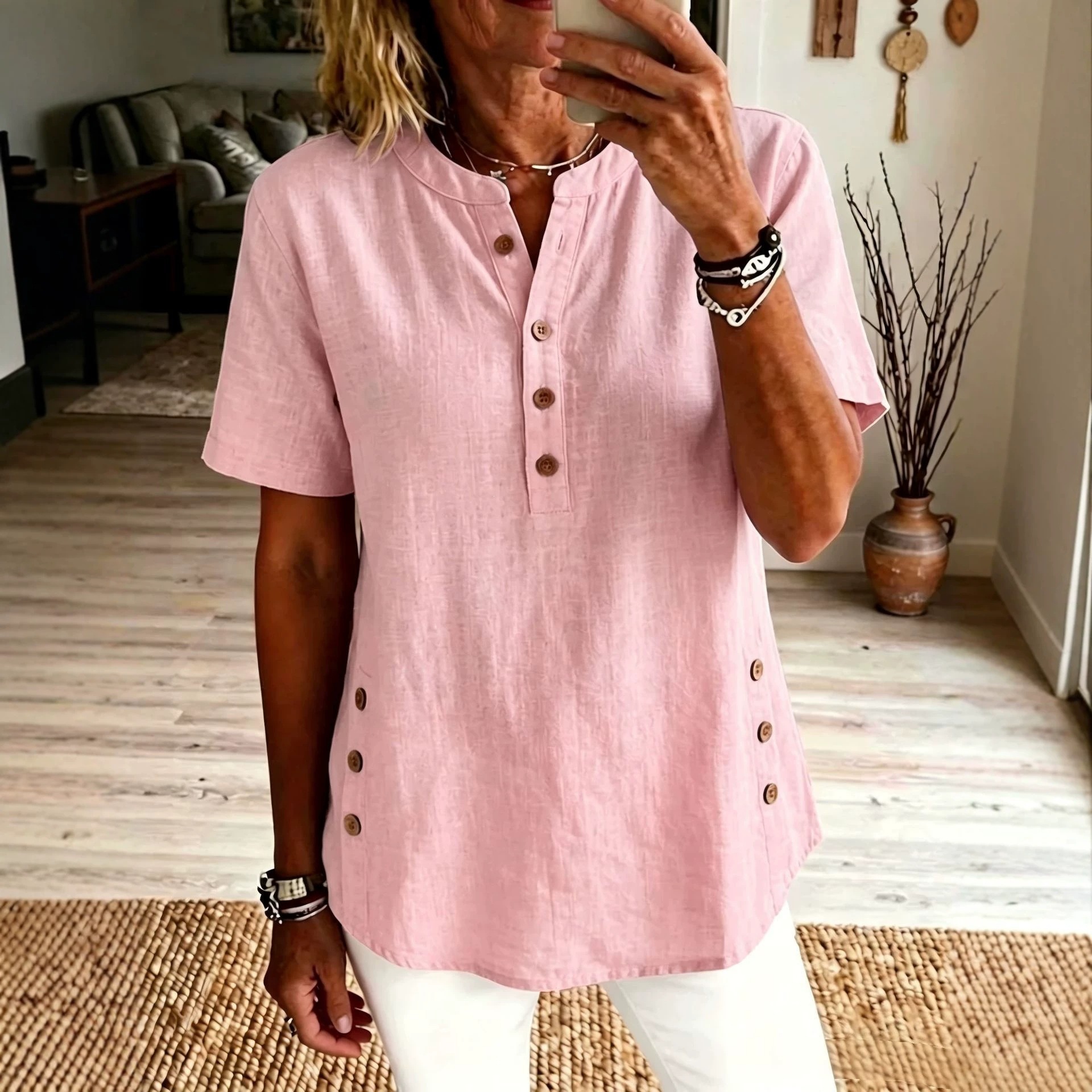 Women's Henley Neck Short Sleeve Top Side Button Loose Casual Solid T-Shirt