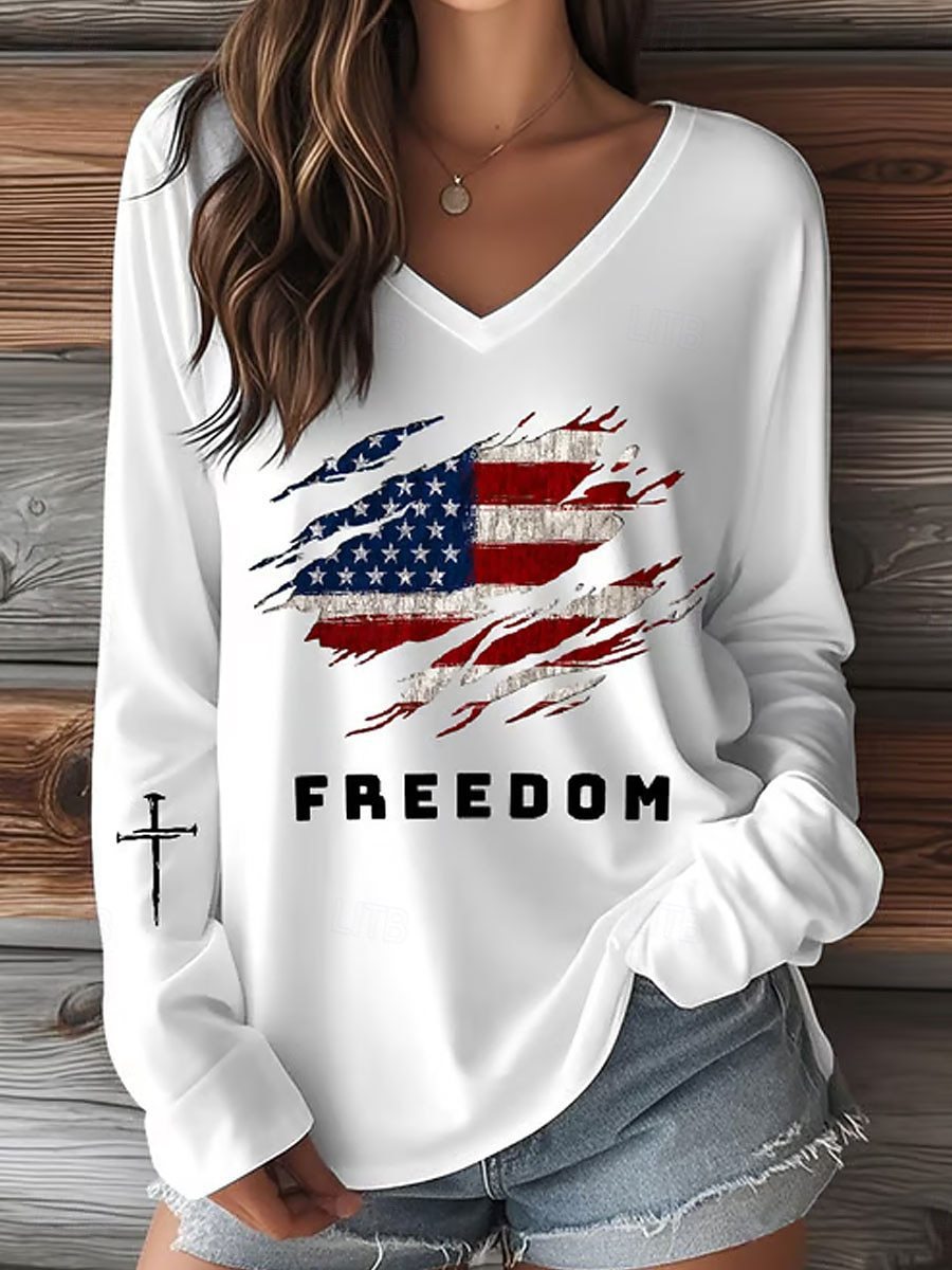 Cross Flag Freedom Print V-Neck Short Sleeve Women's T-Shirt