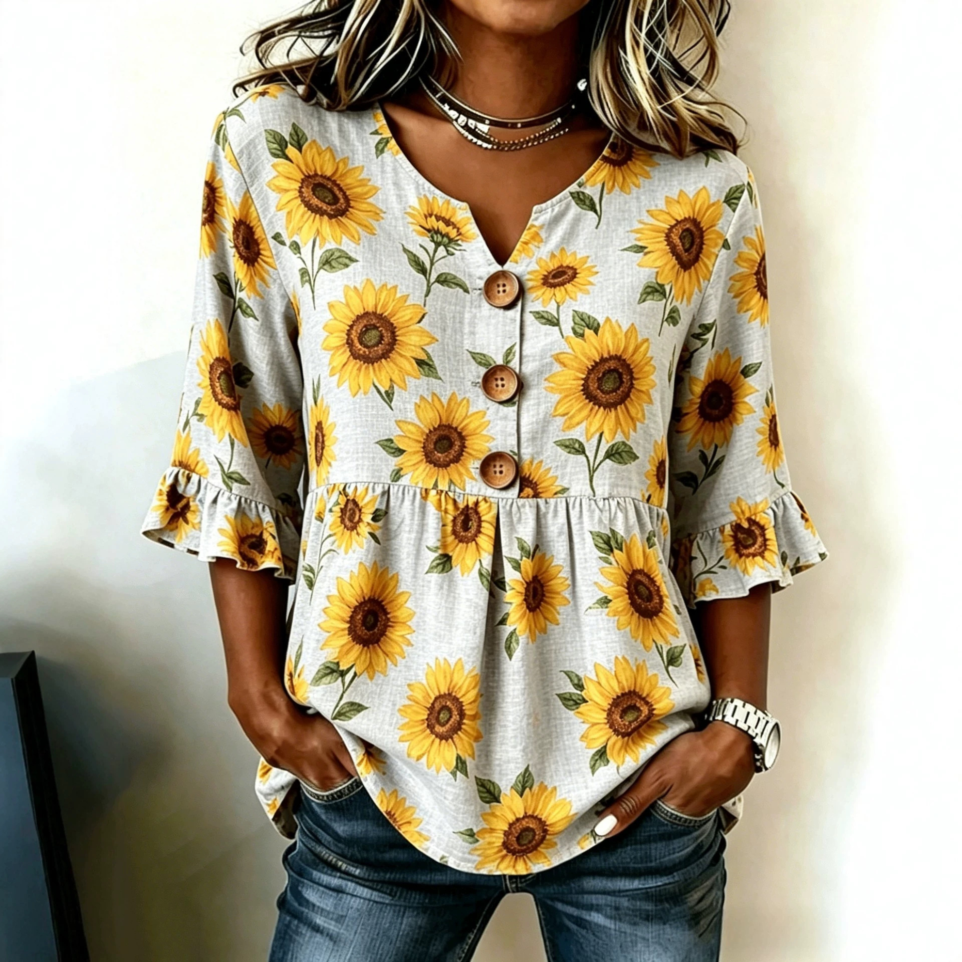 Plaid Floral Print Half-Sleeve Button-Up Top
