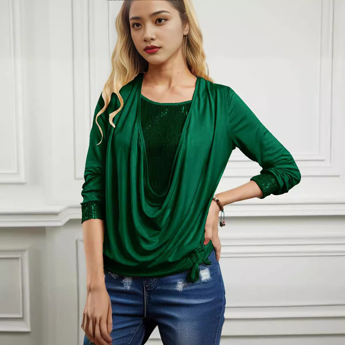 Sequin Colorblock Long Sleeve Top with Draped Neck and Ruched Faux Two-Piece Design