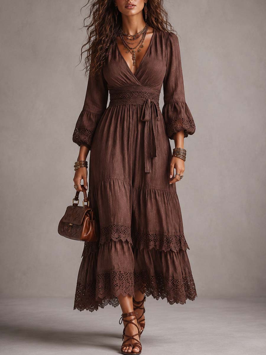 V-Neck Puff Sleeve Lace Panel Tie-Waist Long Dress