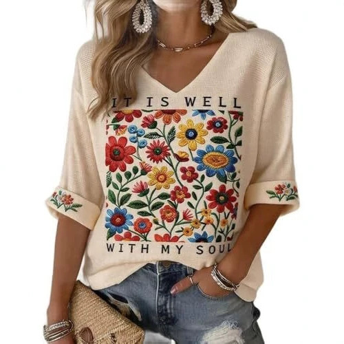 Women's Vintage Floral Print Half-Sleeve Blouse