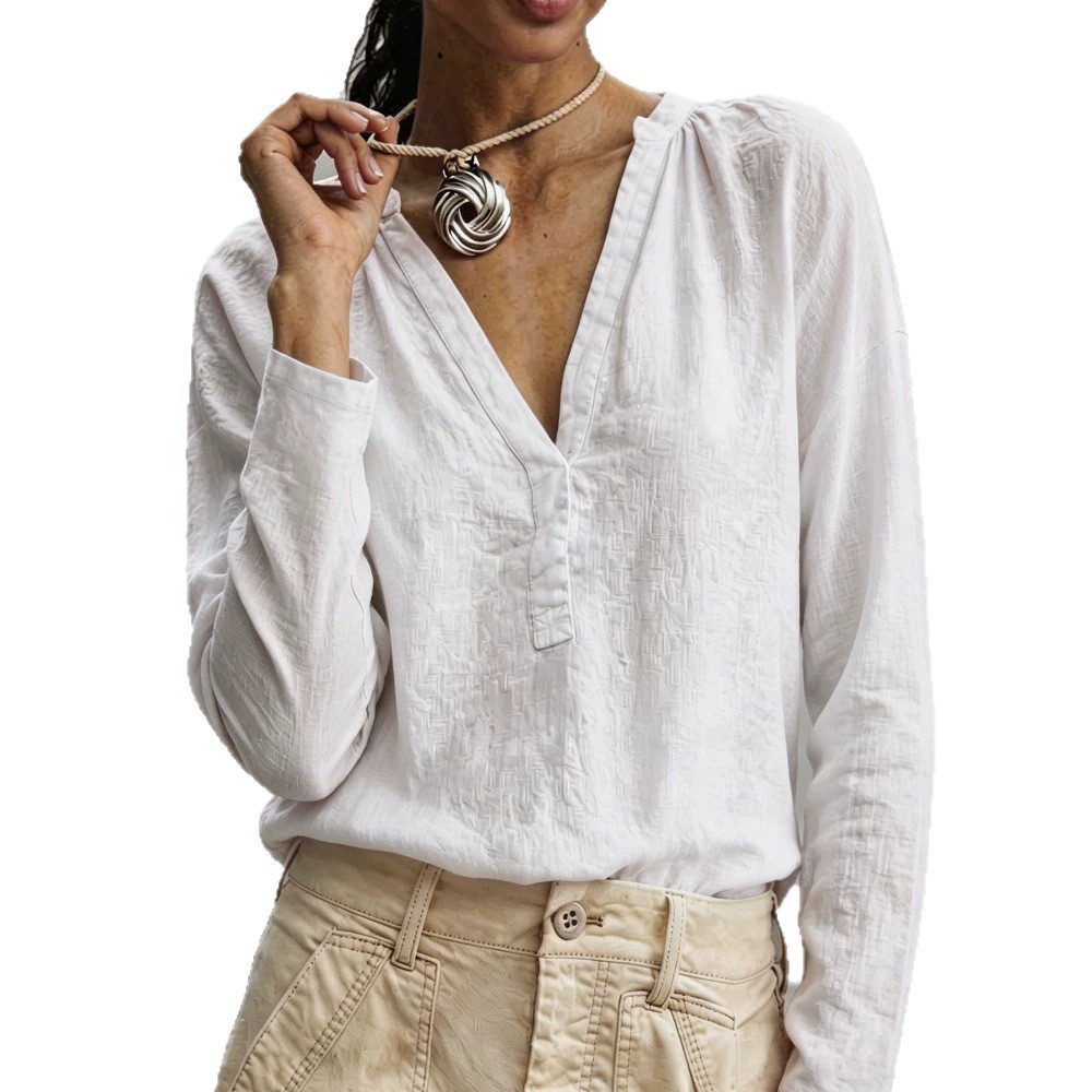 Women's Summer Boho V-Neck Long Sleeve Solid Cotton Linen Top