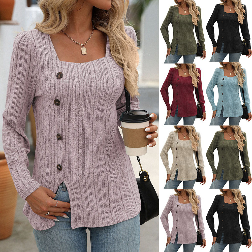 Women's Square Neck Ribbed Brushed Solid Color Button Long Sleeve Top