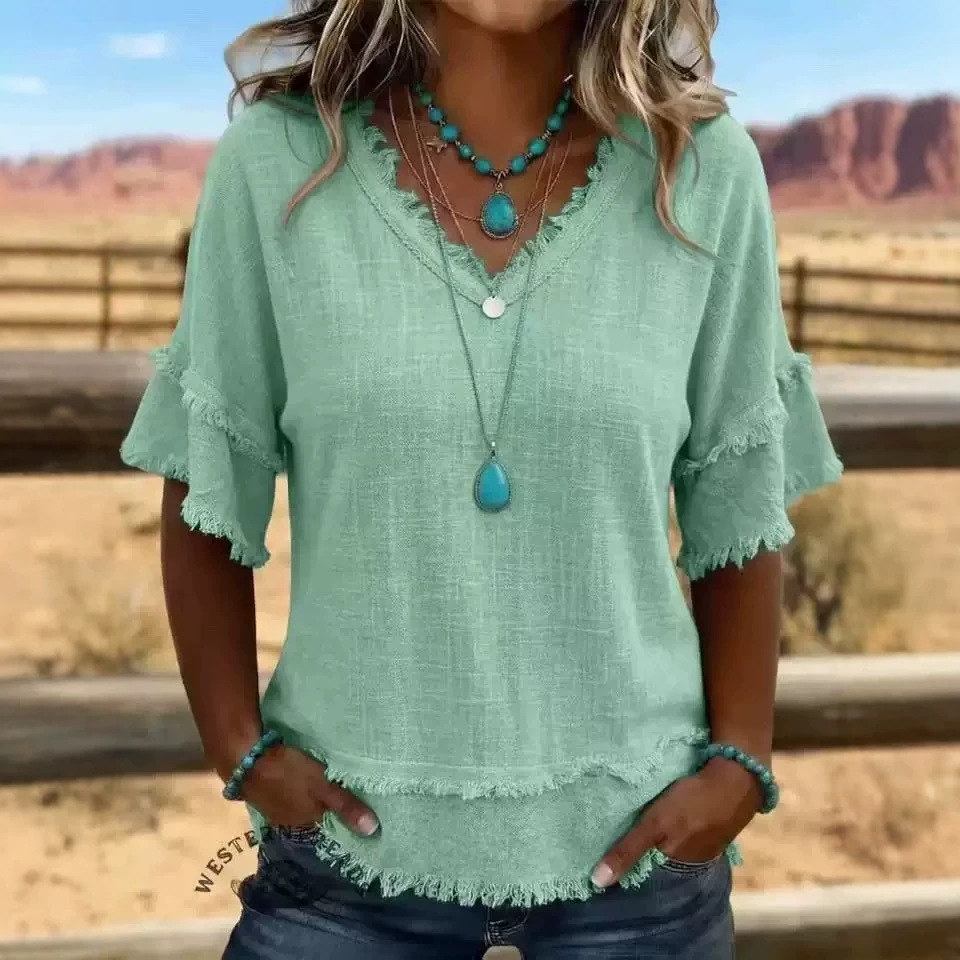 Women's Loose V-Neck Fringe Short-Sleeve Solid Casual Top