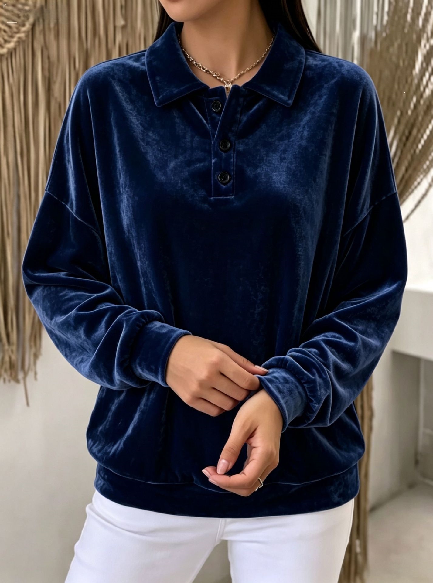 Velvet Sweatshirt with Collar Long Sleeve Solid Color Women's Casual Top