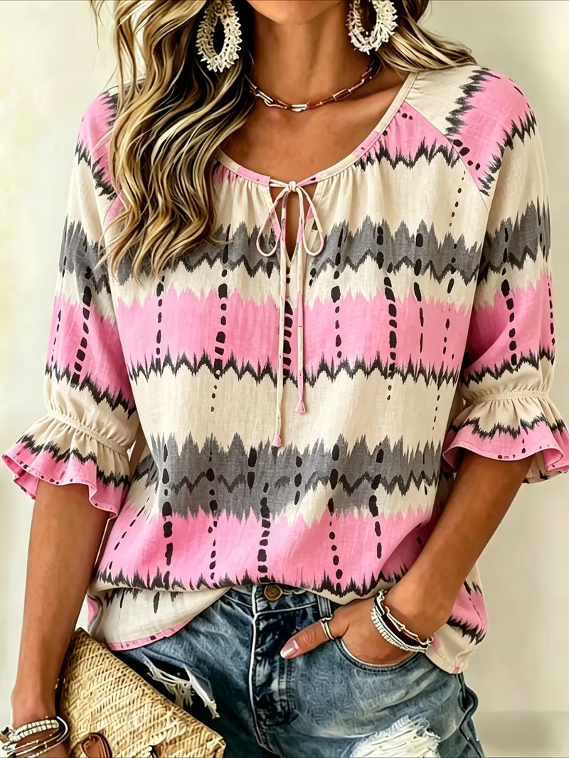 Women's Summer Curve Striped Print Tie Half-Sleeve Shirt