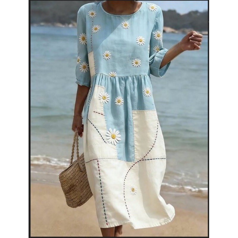 Women's Midi A-Line Dress with Side Pockets, Round Neck, Long Sleeves, Loose Fit, 3D Print, Beach Vacation