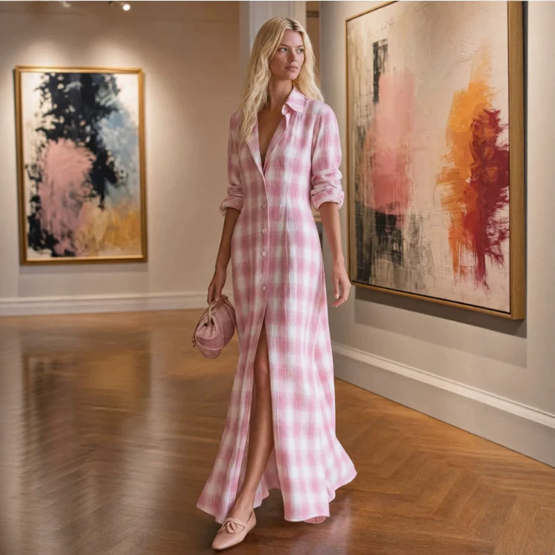 Retro Pink Plaid Long Shirt Dress