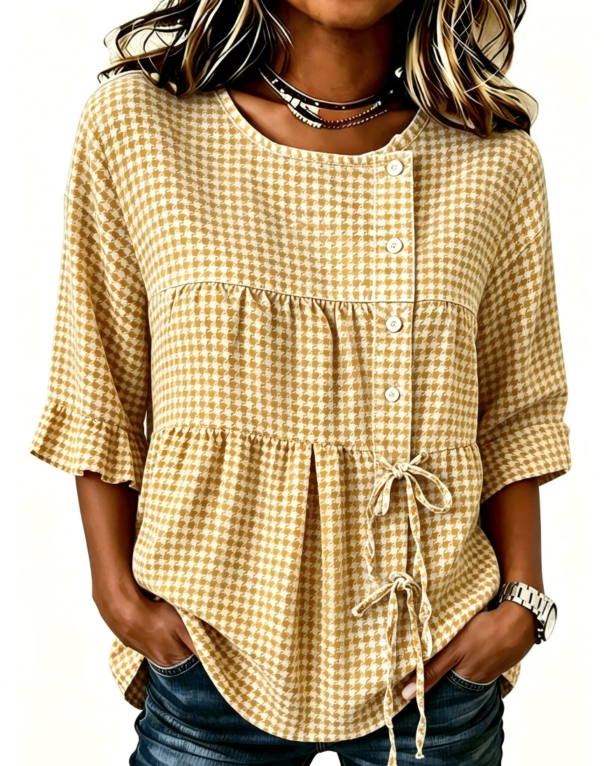 Women's Plaid Print Half-Sleeve Shirt with Diagonal Tie