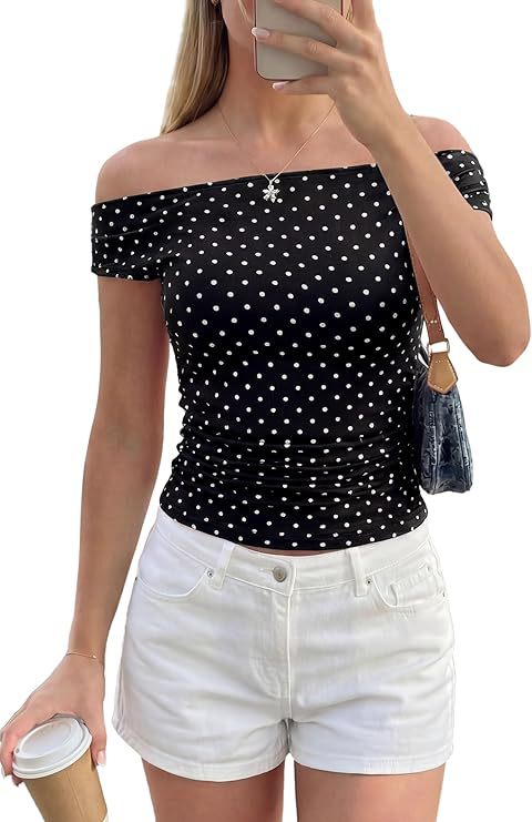 Off-Shoulder Polka Dot Short Sleeve Fitted Top