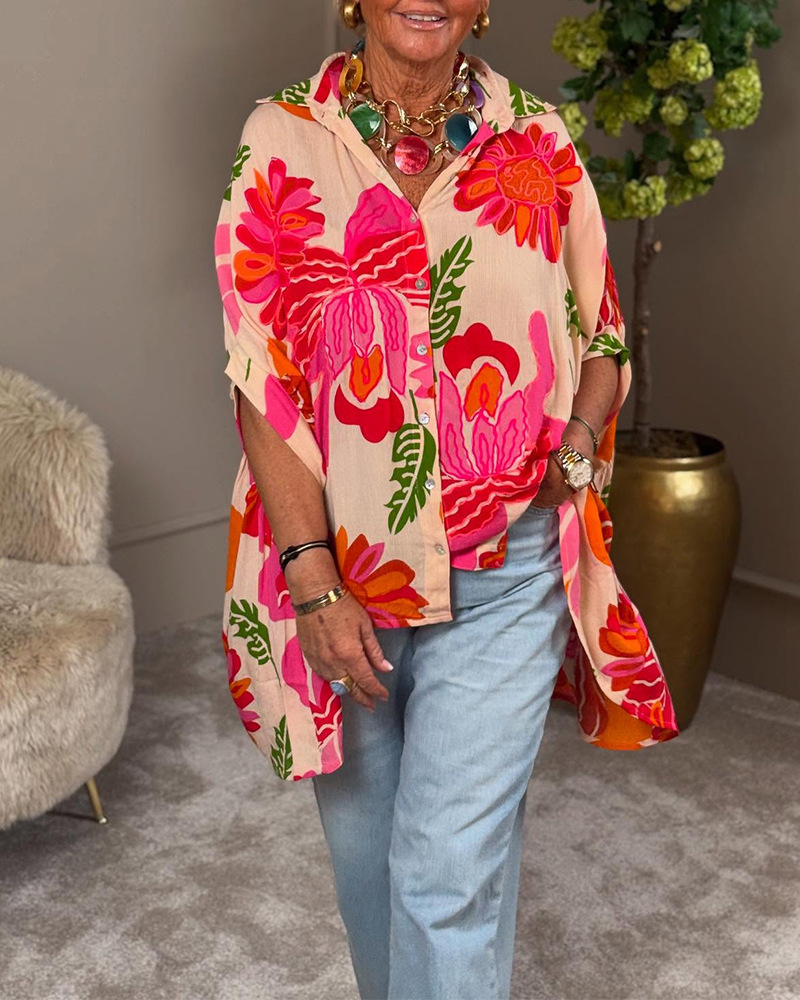 Floral Print Lapel Collar Irregular Hem Women's Shirt