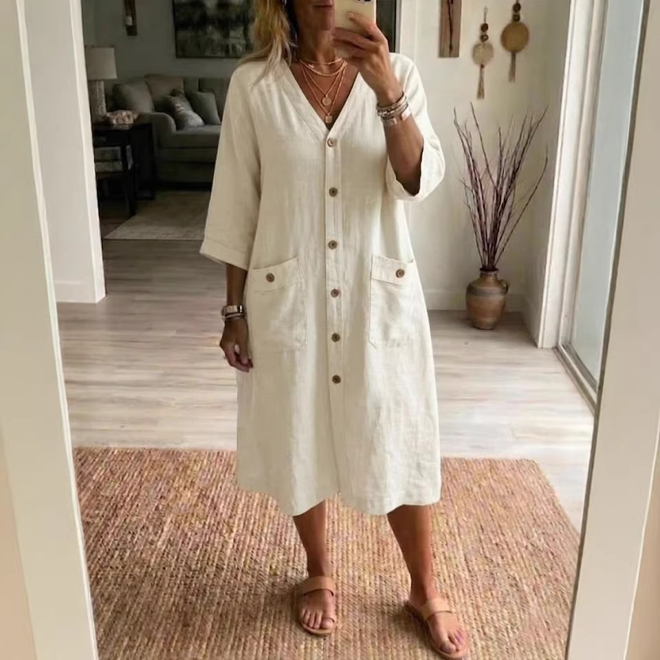 Women's Long Sleeve Linen Cotton Button Dress Artistic Casual