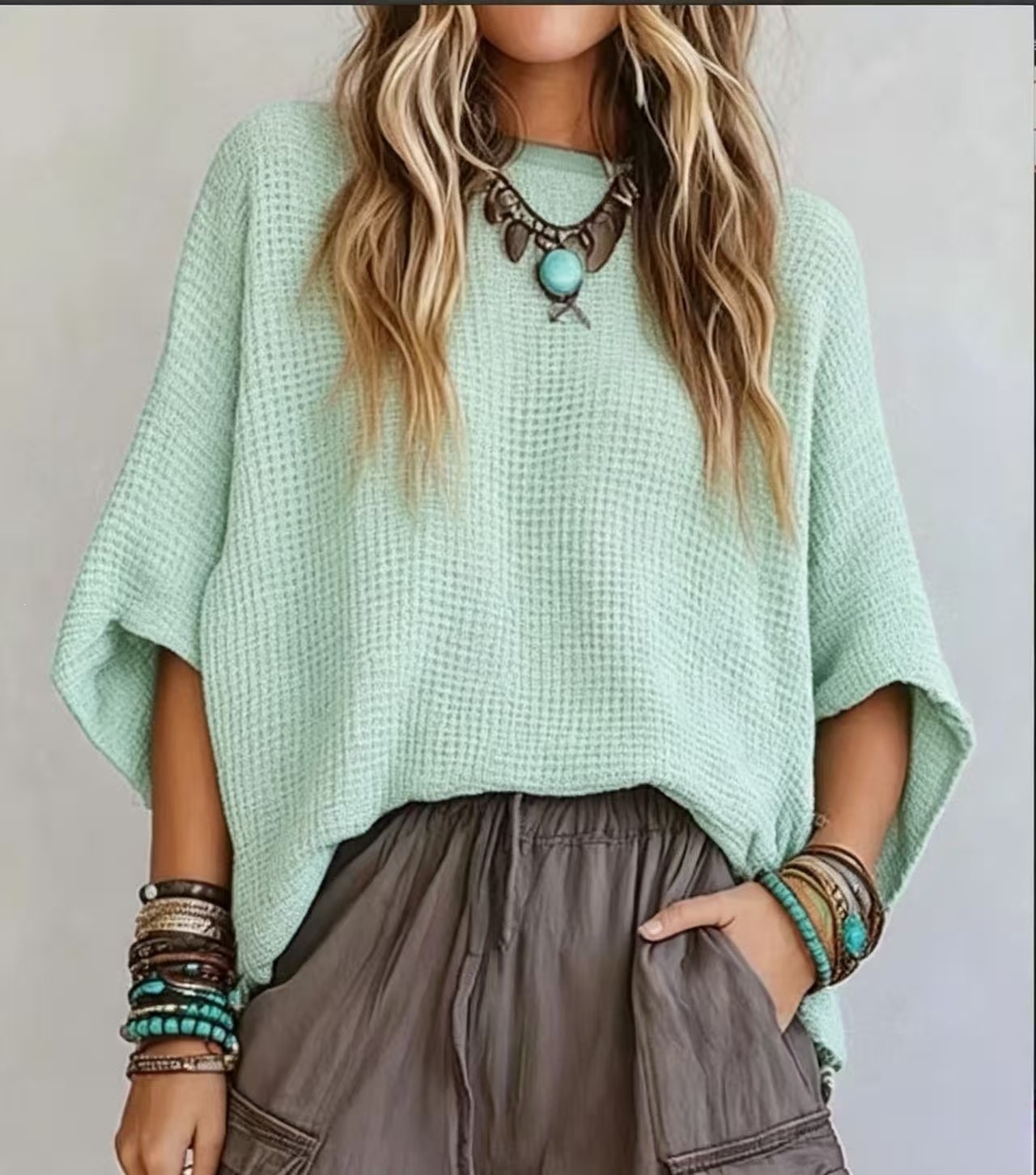 Waffle Knit Loose Fit Half Sleeve Crewneck Women's T-Shirt