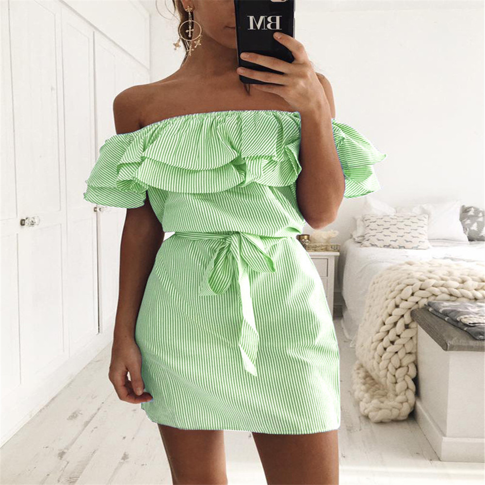 Striped Off-Shoulder Ruffle-Sleeve Dress