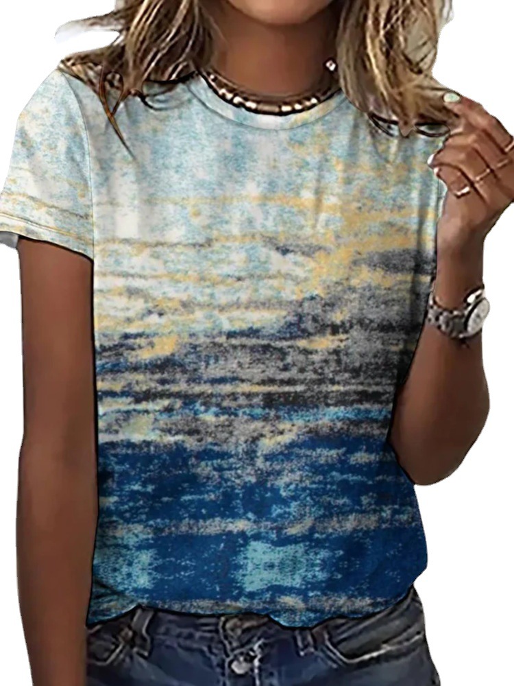 Women's Casual Crewneck Short Sleeve Digital Print T-Shirt