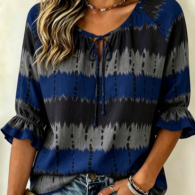 Women's Summer Curve Striped Print Tie Half-Sleeve Shirt