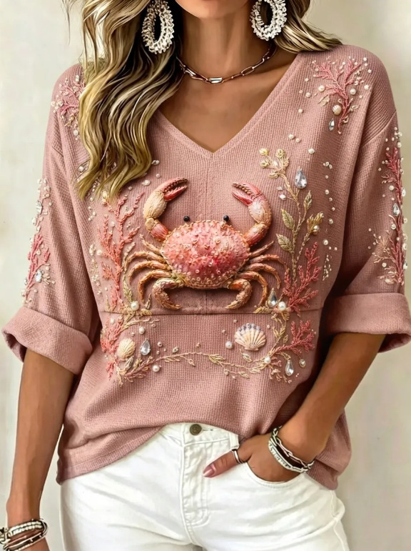 Ocean Animal Print V-Neck Half-Sleeve T-Shirt for Women