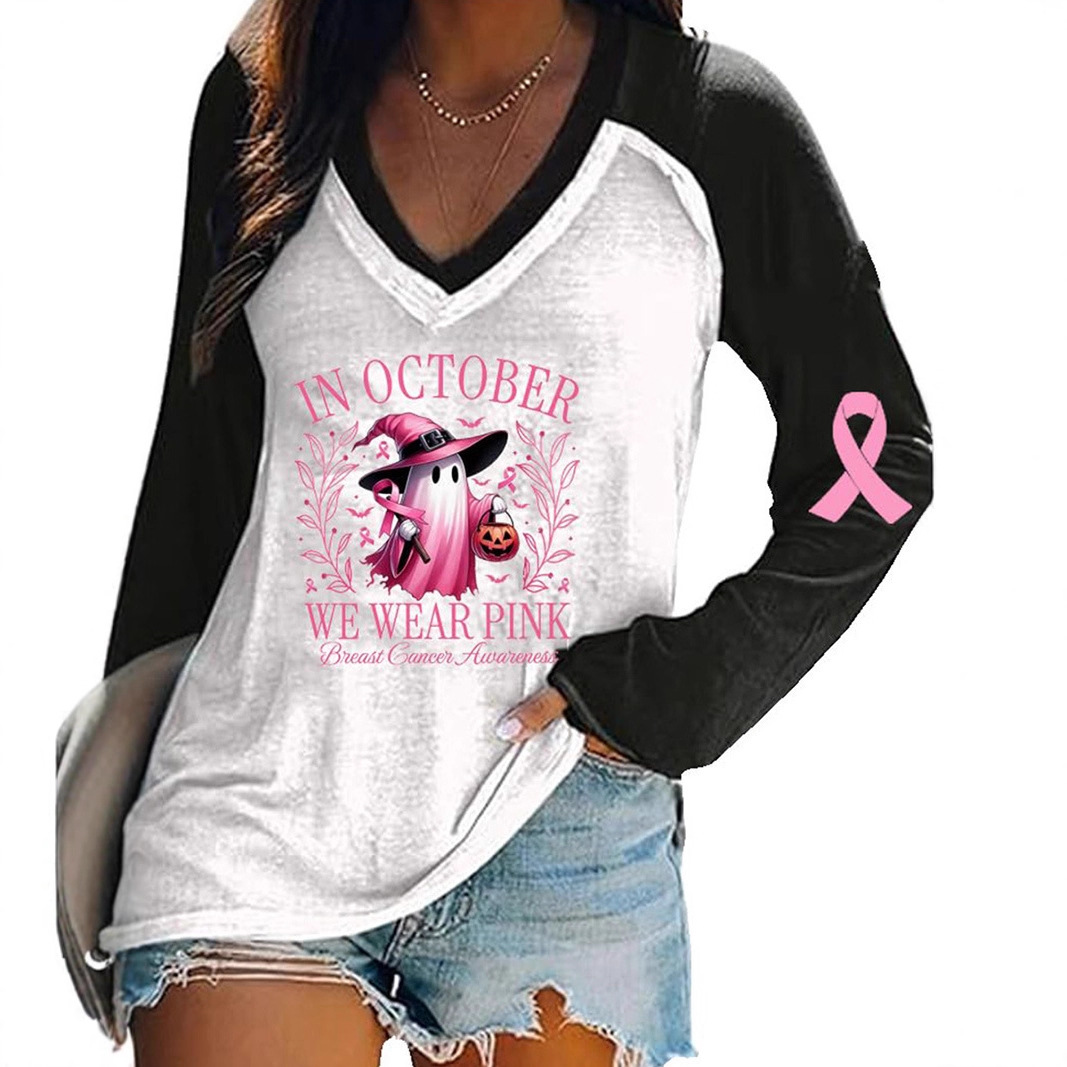 Women's V-Neck Long-Sleeve Halloween Pumpkin Ghost Ribbon Print T-Shirt