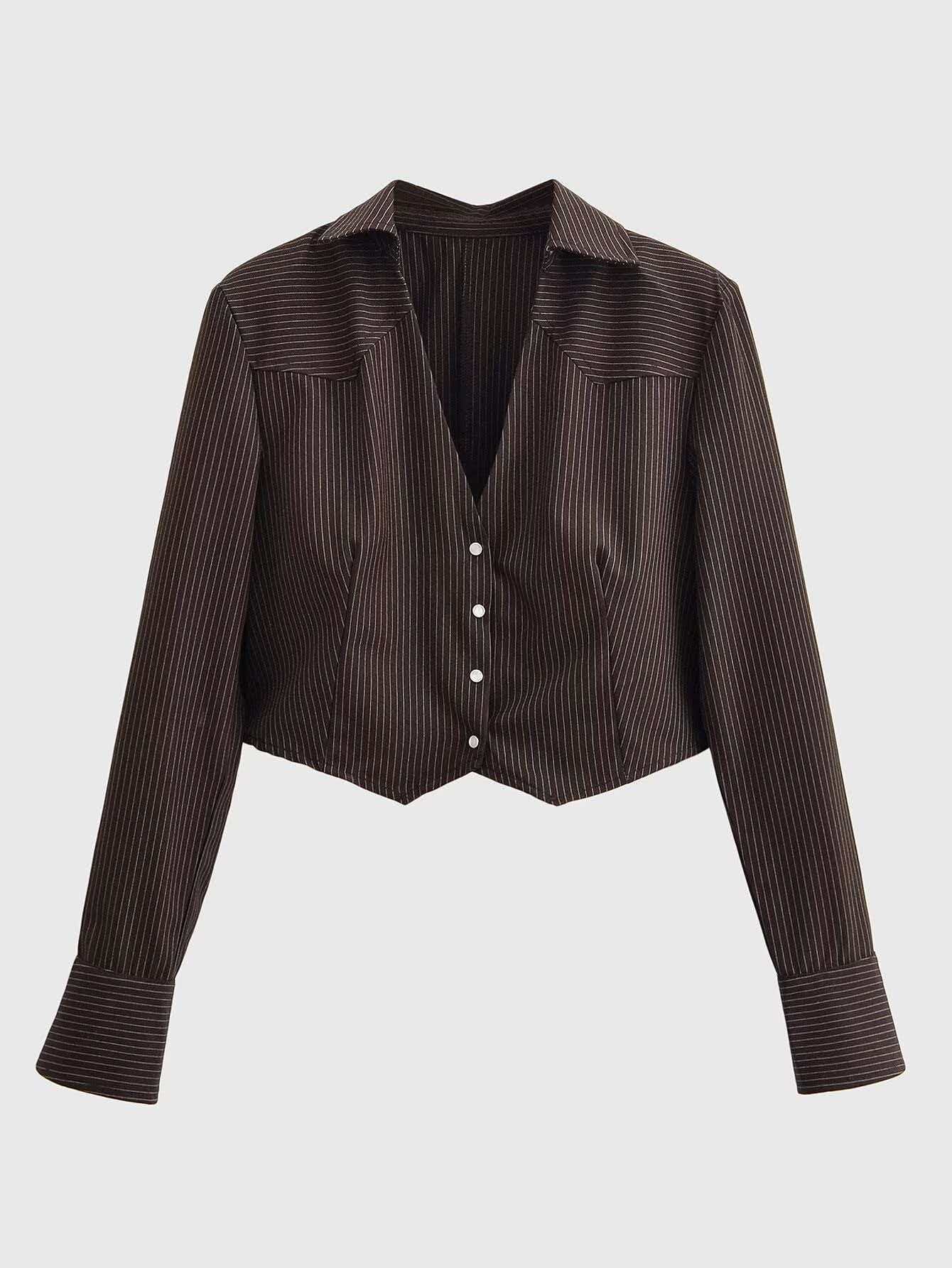 Women's Striped V-Neck Cropped Cardigan Brown Button-Down