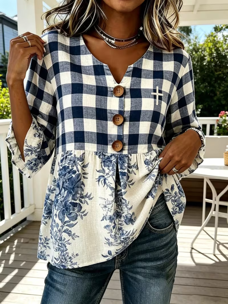 Women's Plaid Print Three-Button Mid-Sleeve Casual Shirt