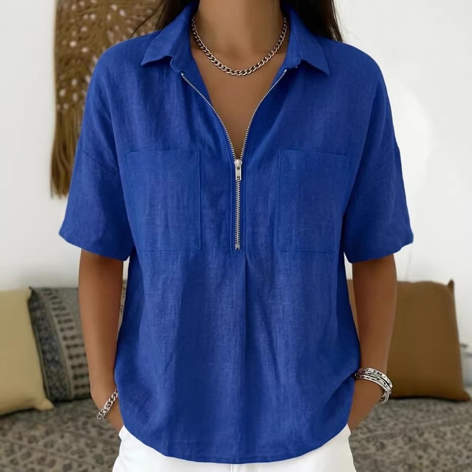 Women's Loose V-Neck Zip Short Sleeve Casual Shirt