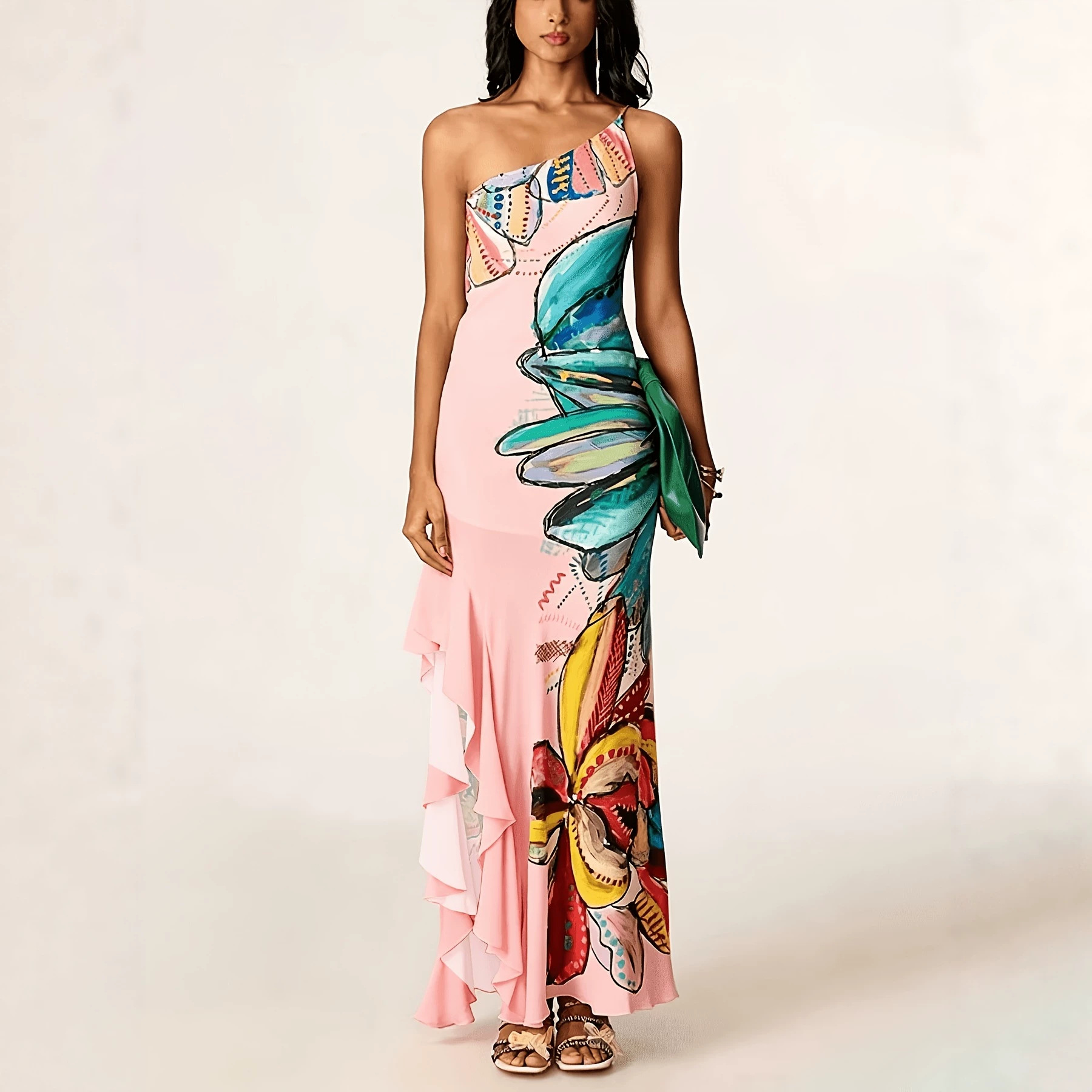 Sexy One-Shoulder Ruffle Tropical Floral Print Maxi Dress