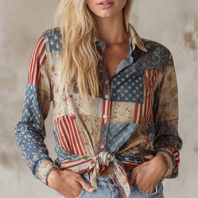 Western Print 3D Digital Print Retro Long Sleeve Shirt
