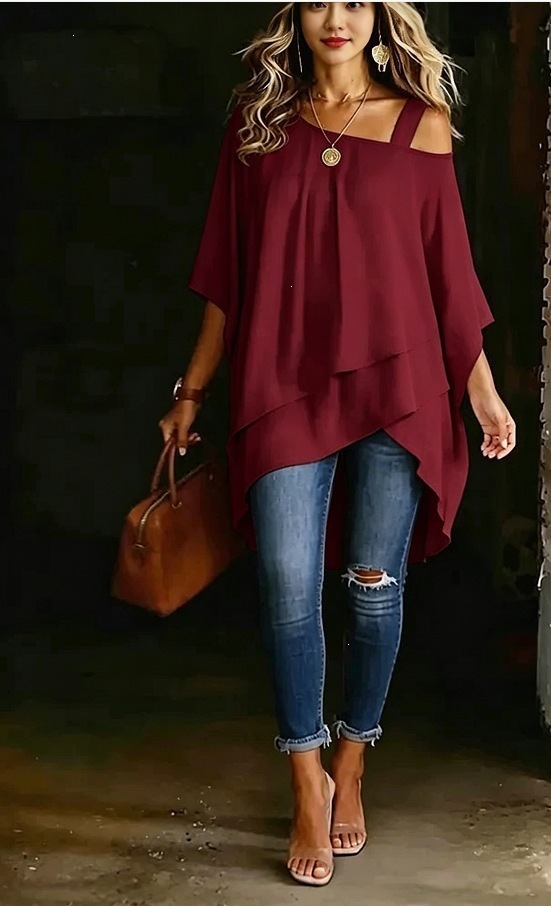 Asymmetric One-Shoulder Solid Color Top Draped Lazy Style Off-Shoulder Women's T-Shirt