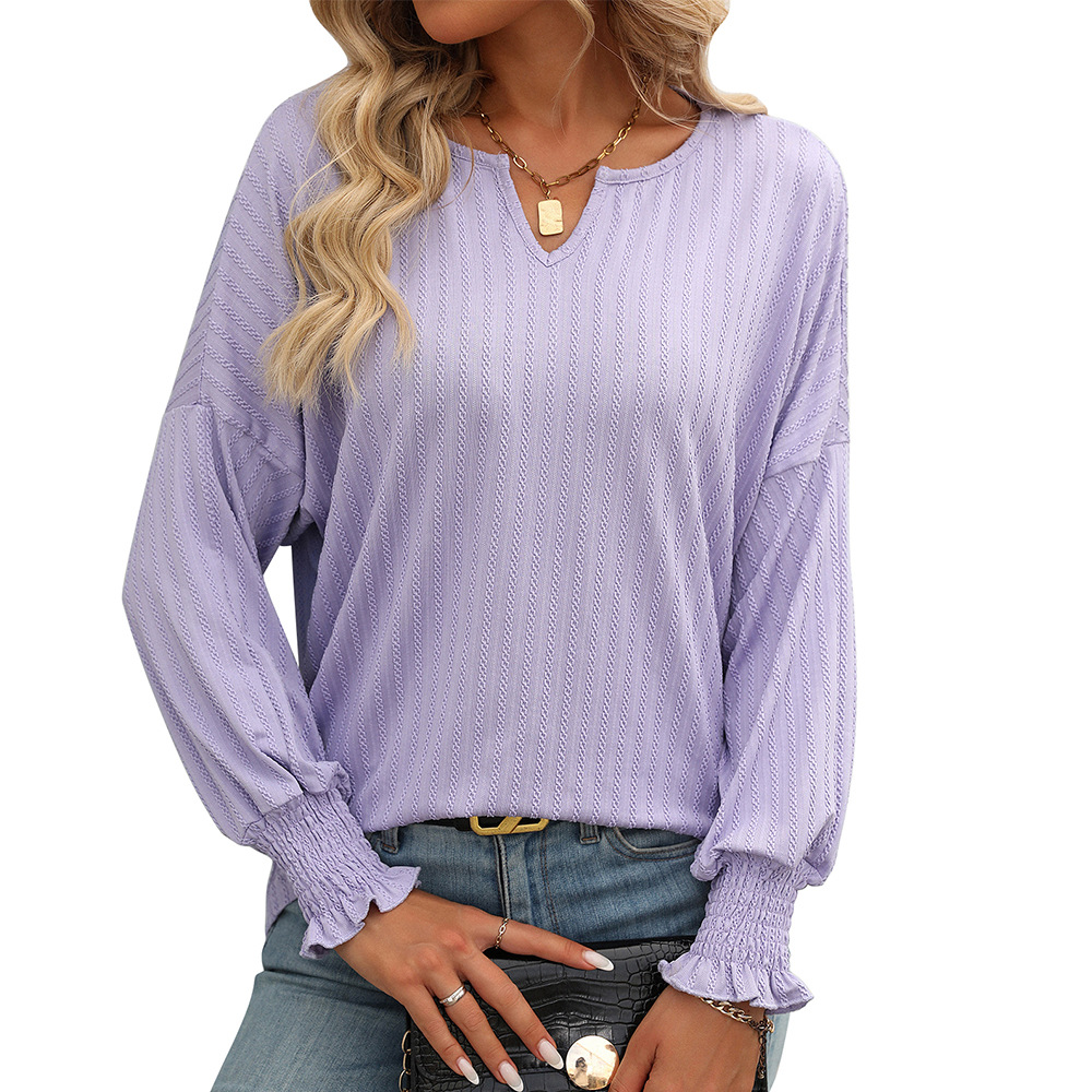 Women's Loose V-Neck Smocked Top with Batwing Sleeves