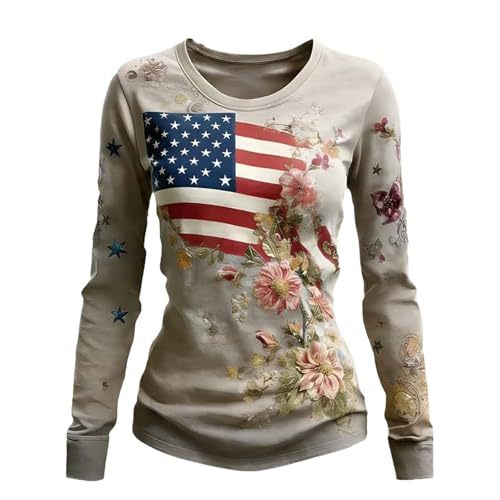 Women's American Flag Striped Rose Print Long Sleeve Top