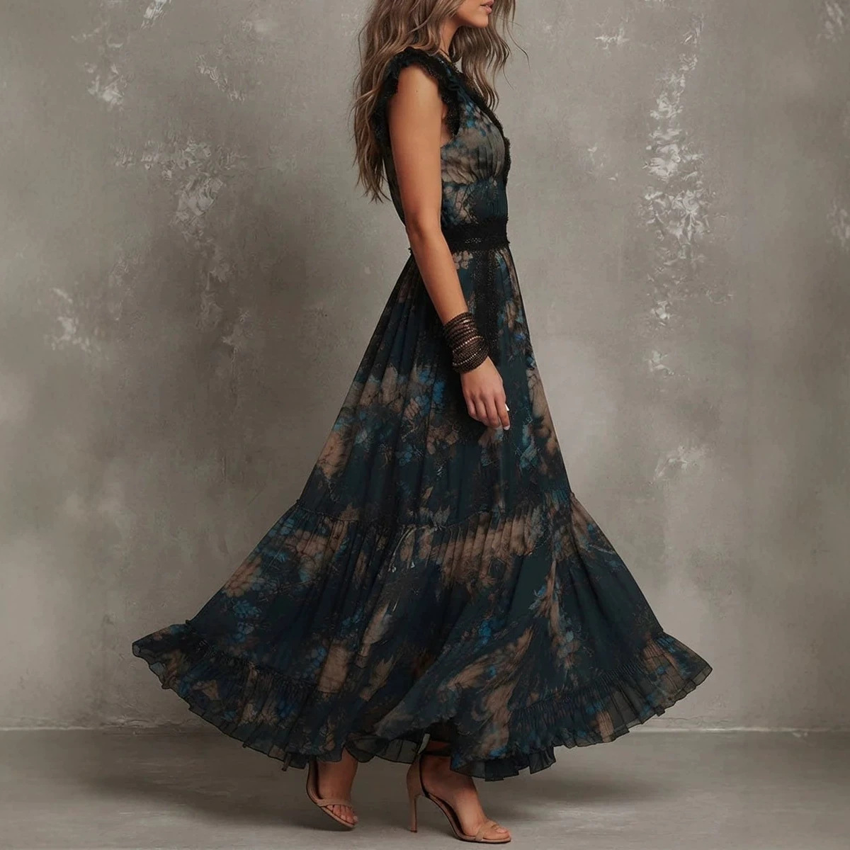 Vintage Dark Green Tie-Dye Floral Lace V-Neck Flutter Sleeve High Waist Maxi Dress