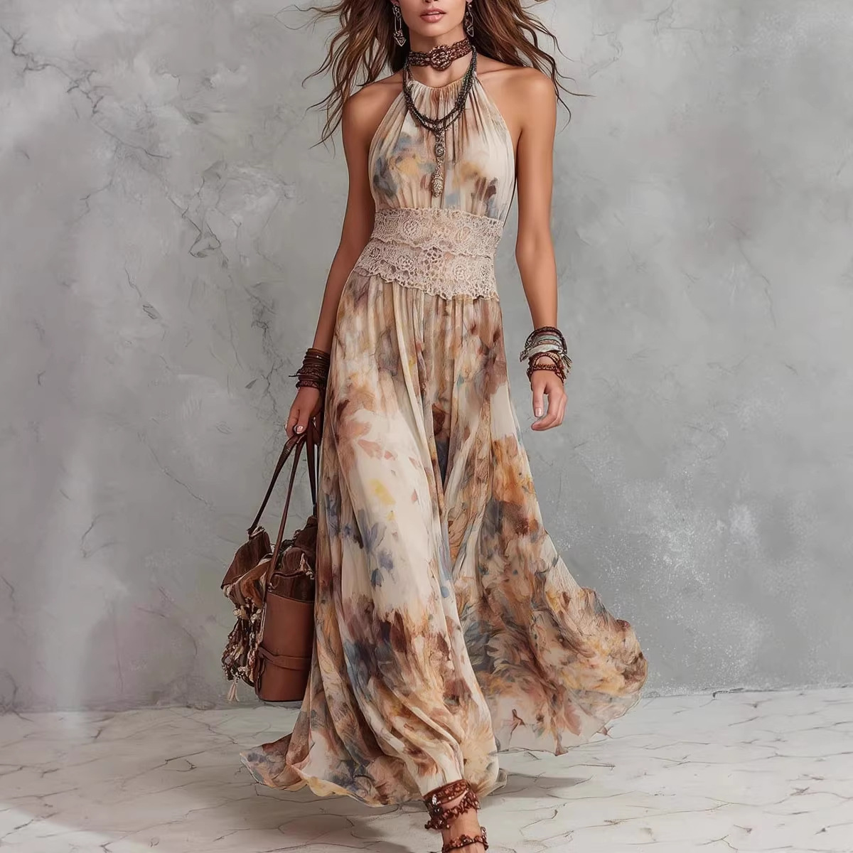Women's Vintage Oil Painting Floral Sleeveless Midi Dress with Waist Tie