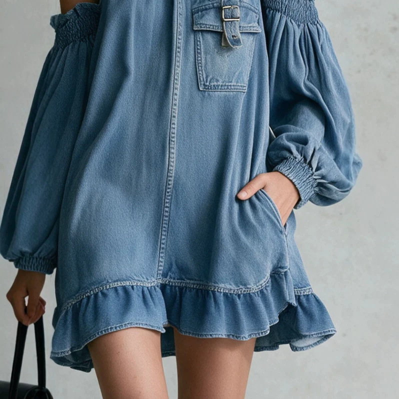Ruffled Blue High-Neck Off-Shoulder Denim Mini Dress