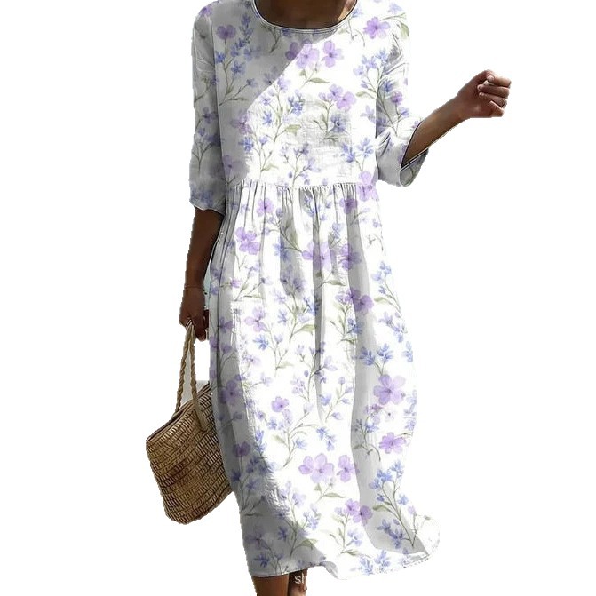 Women's Floral Print Ruched Midi Dress with Half Sleeves