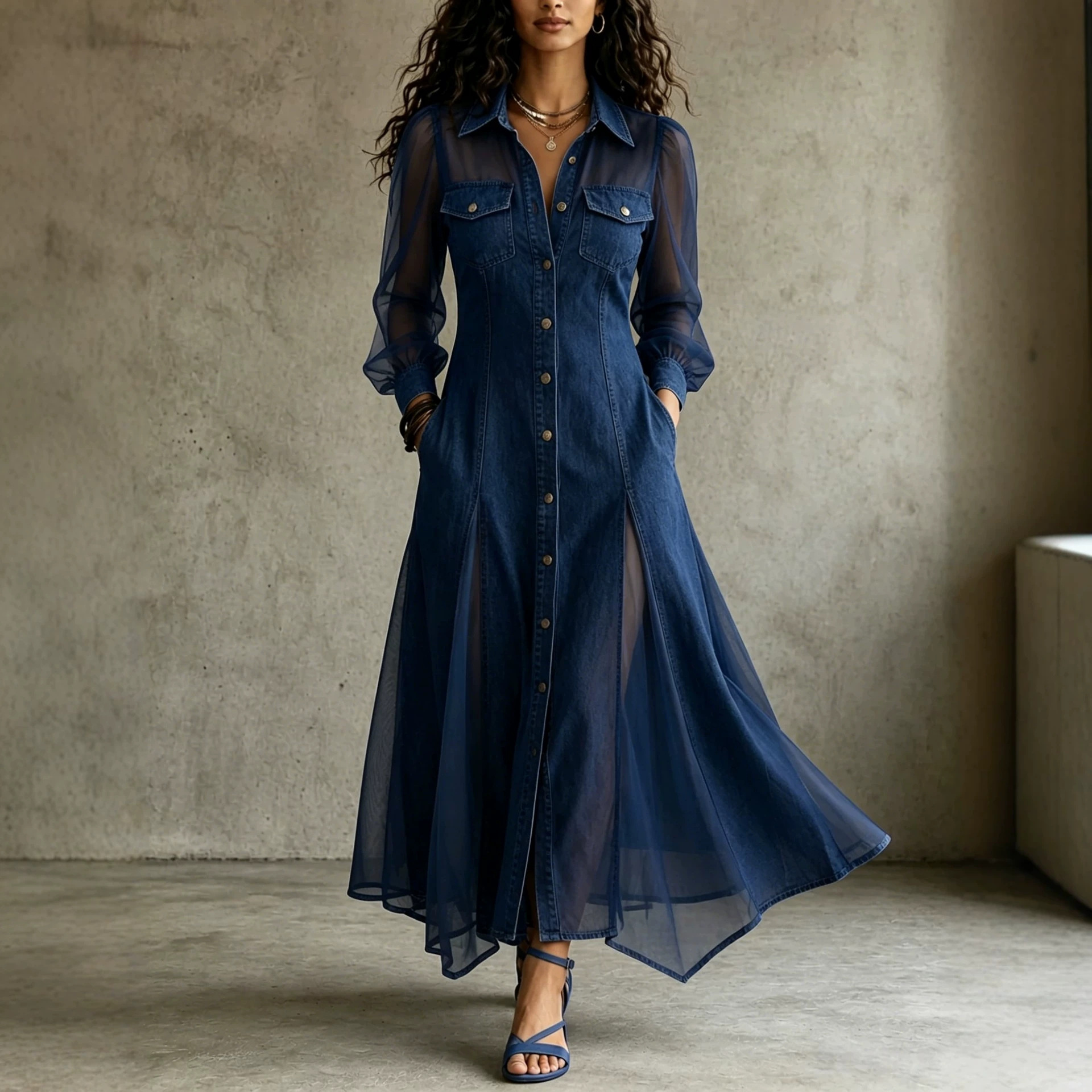 Casual Loose Faux Denim Spliced Chiffon Collared Long Sleeve Dress