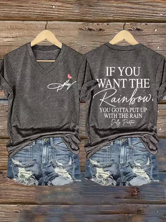 Letter Wine Glass Moon Print V-Neck Short Sleeve Women's T-Shirt