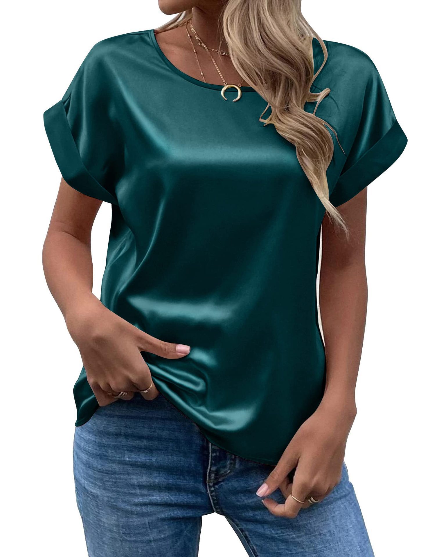 Women's Short Sleeve Satin Shirt Loose Casual Round Neck