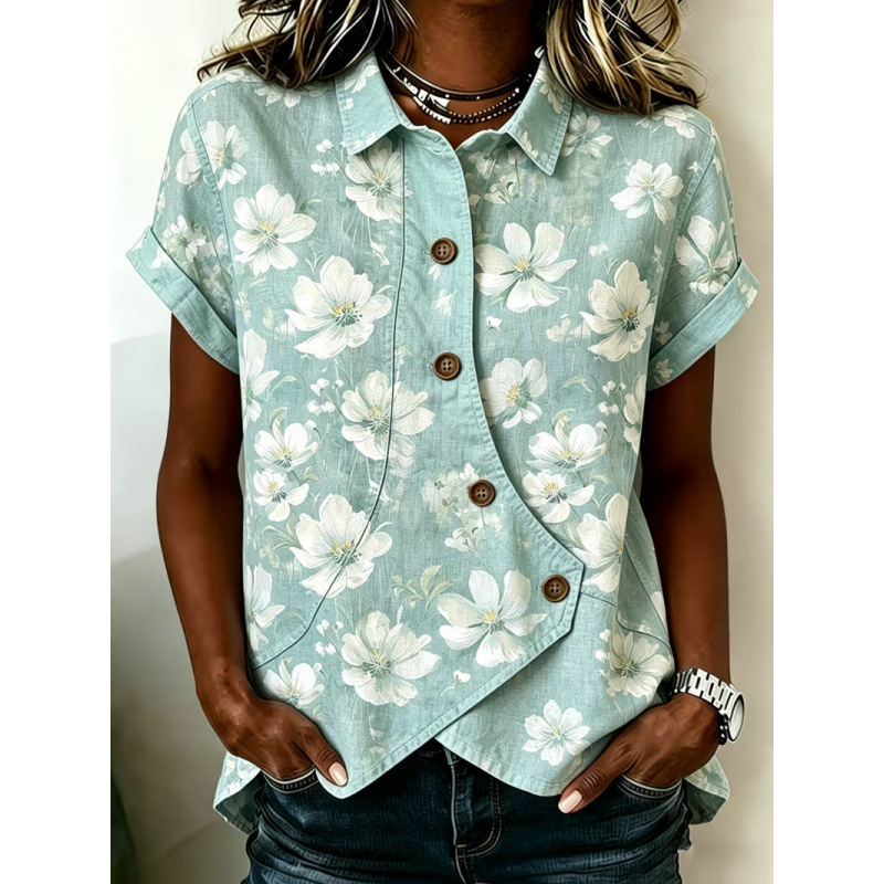 Women's Floral Print Asymmetric Short Sleeve Blouse