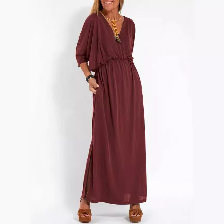 Solid High-Waist Slit V-Neck Midi Dress