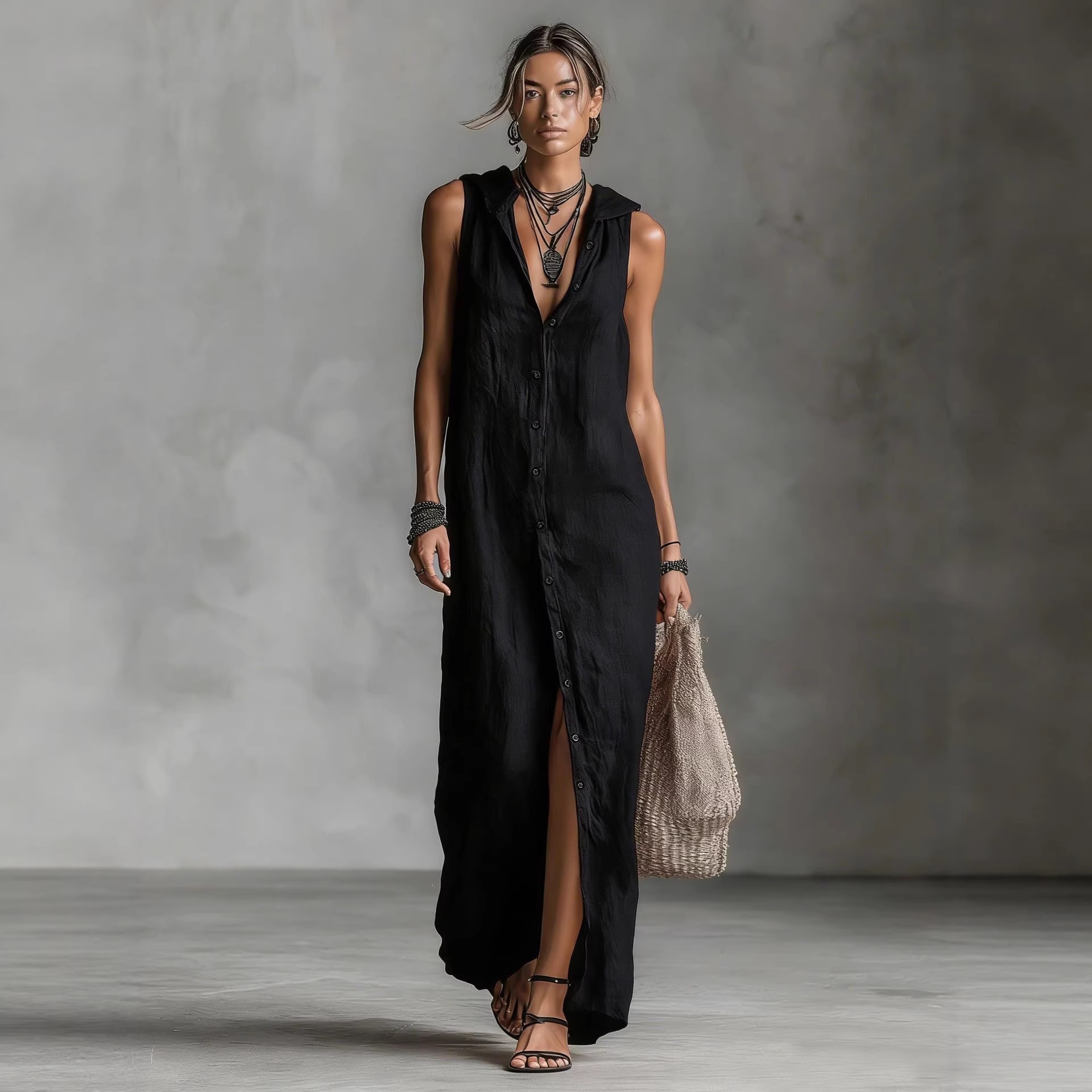 Button-Front Sleeveless Hooded Maxi Dress