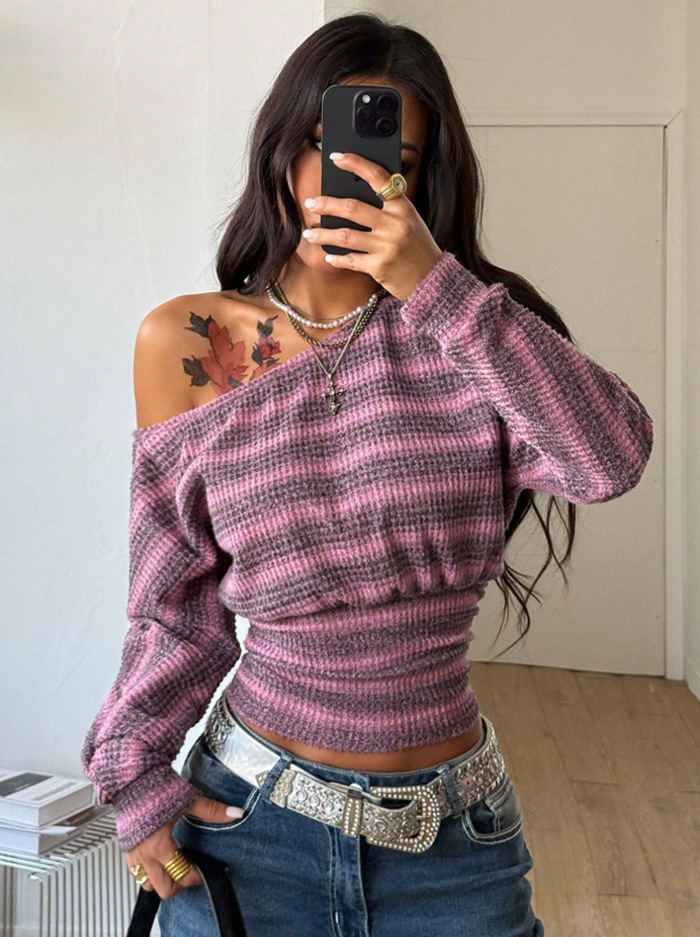 Women's Striped Asymmetric Neck Long Sleeve T-Shirt Casual Loose Fit