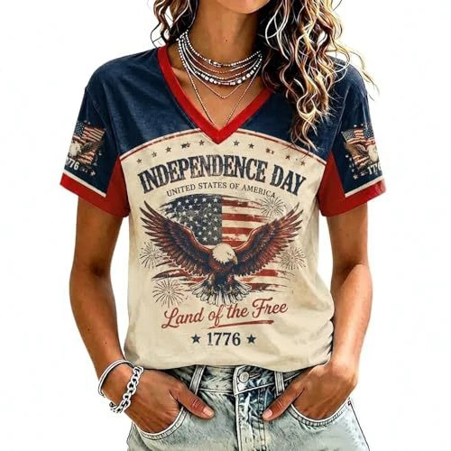 Eagle American Independence Day Print V-Neck Short Sleeve Women's T-Shirt