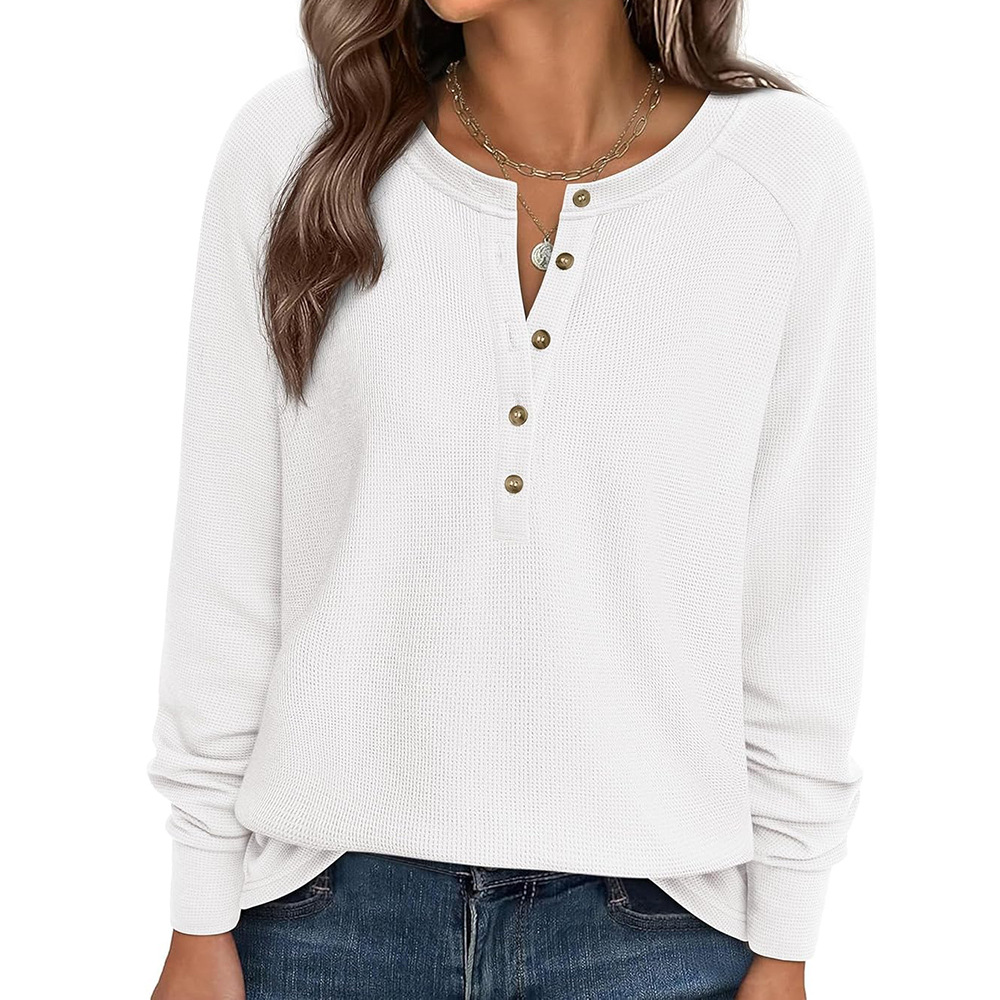 Women's Waffle Knit Long Sleeve Crewneck T-Shirt with Button Trim