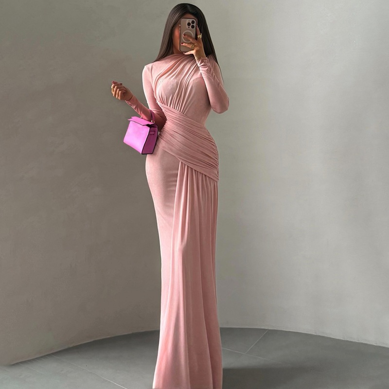 Solid Crewneck Long Sleeve Ruched Bodycon Dress