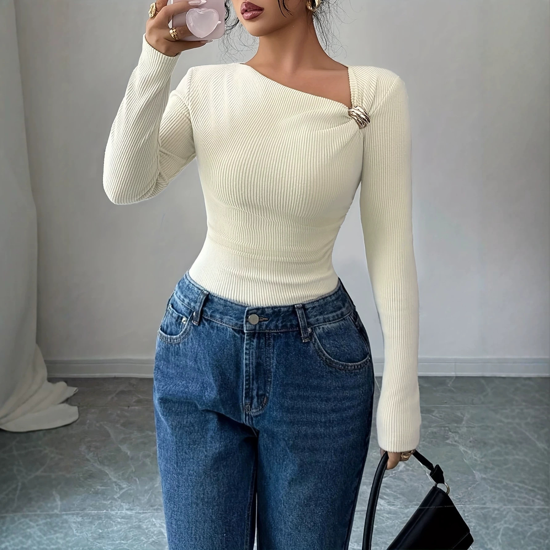 Asymmetric One-Shoulder Twist Knit Top with Metal Accents Ribbed Slim Fit Long Sleeve
