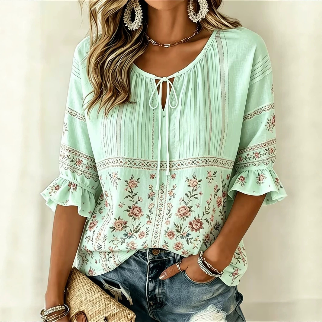 Women's Floral Print Midi Sleeve Tie-Front Casual Shirt