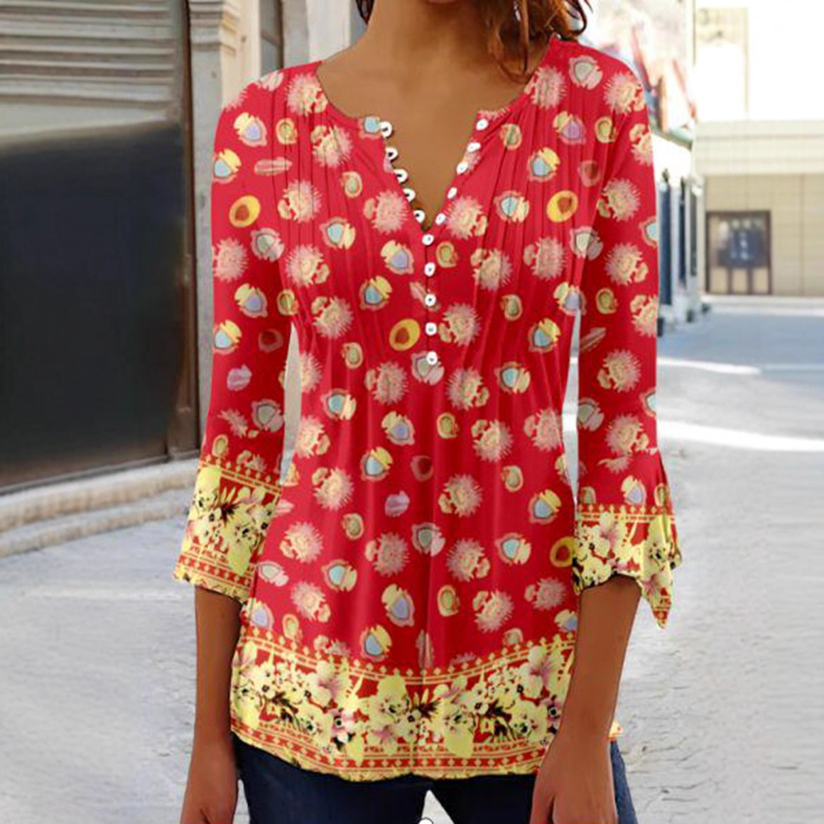 Women's Button V-Neck Printed Shirt Top with 3/4 Sleeves